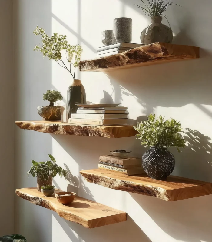Artisan Natural Edge Floating Wall Shelf Set Solid Wood