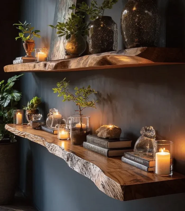 Country Natural Edge Floating Wall Shelves Handmade Solid Wood