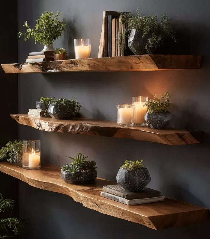 Crafted Natural Edge Wooden Floating Wall Shelf Set