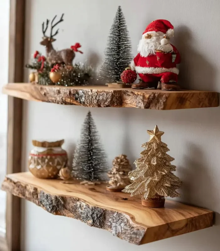 Rustic Natural Edge Wooden Floating Wall Shelves Holiday Display Set