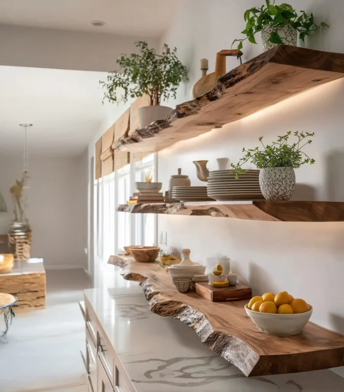 Rustic Natural Edge Floating Wall Shelf Handmade for Kitchen and Living Room