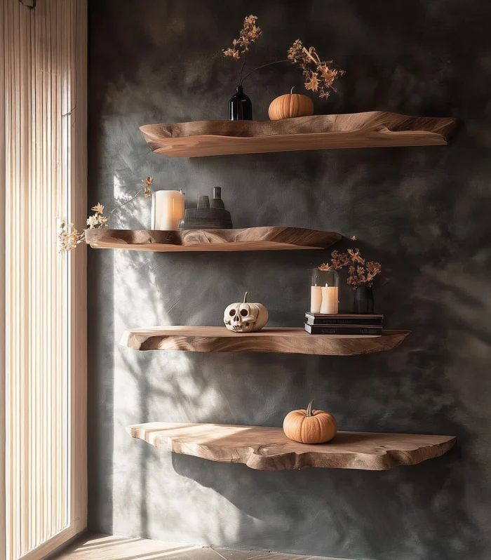 Natural Edge Floating Wall Shelves Solid Wood for Rustic Kitchen or Home Bar